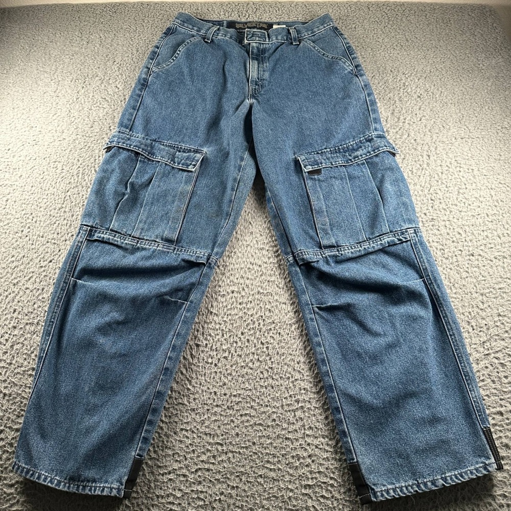 Vtg '99 Levis SilverTab Jeans Womens 2XL Cargo Relaxed Pleated Knee Blue Skater